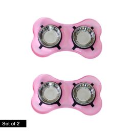 Bone Shaped Plastic Pet Double Diner with Stainless Steel Bowls; Pink and Silver-Set of 2